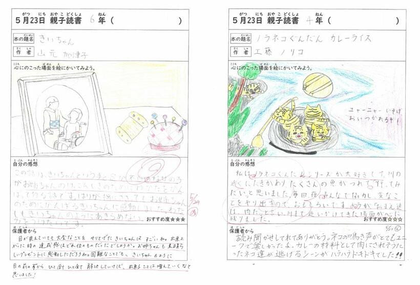 鹿児島市立南方小の親子読書の日の用紙。親のコメント欄もあるが、作文を書く学校という伝統が根付いているため、さほど不満の声も上がらない（鹿児島市立南方小学校提供）