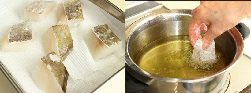 【ワンポイントアドバイス】タラはカラッと揚げるためにしっかりと水気を拭き取ってから片栗粉をまぶす。（左）　揚げ油は菜箸を入れ、箸先から細かい泡が出れば１７０～１８０℃の目安となる。　（撮影／写真部・松永卓也）