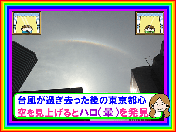 東京都心に虹色の輪（撮影：真中朋久 気象予報士）