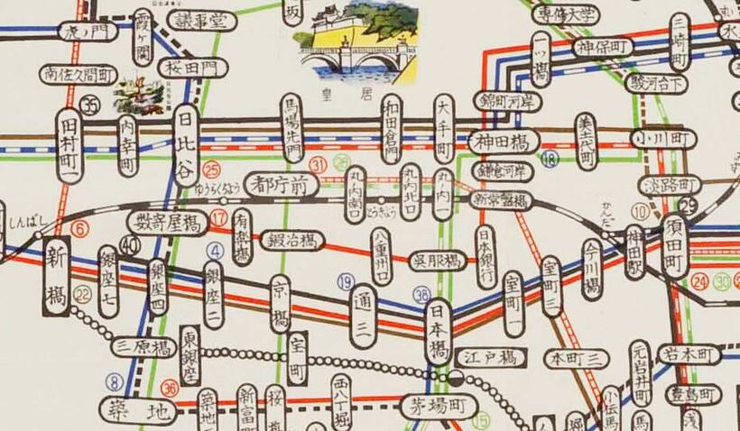 昭和３９年３月の路線図。東京駅界隈（資料提供／東京都交通局）