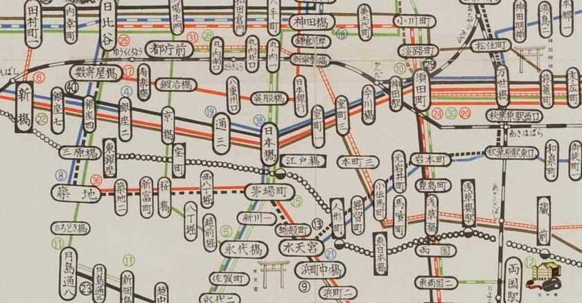 昭和４０年３月の路線図。日本橋界隈（資料提供／東京都交通局）